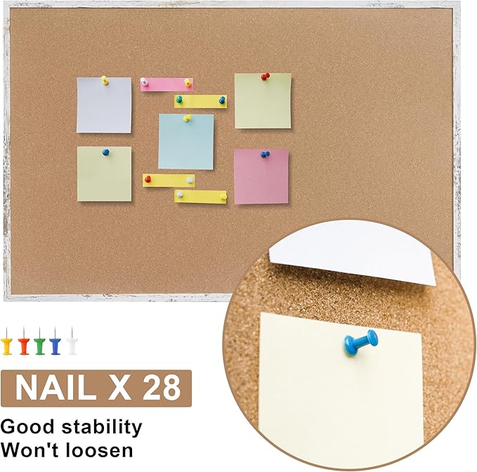 Cork Bulletin Board, 48 X 32 Inches White Framed Message Vision Board, Large Wall Mounted Notice Memo Pin Board with 28 Push Pins