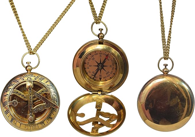 Handcrafted Vintage Brass Sundial Compass – Antique Nautical Sun Clock with Leather Case – Engraved Collectible Brass Compass Gift for Men - Nautical Gifts for Men, Best Anniversary Vintage Gifts