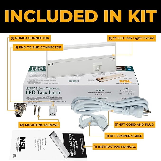 LED Under Cabinet Lighting Hardwired - 3CCT 9 Inch White Finish - Undercabinet Lights for Kitchen - Linkable Undercounter Dimmable Plug in Light or Hard Wired - Under Counter Fixture Direct Wire