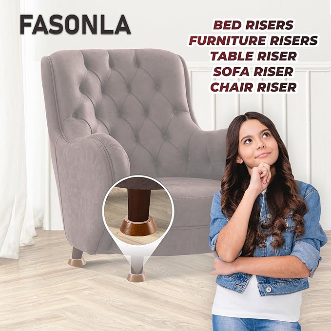 Bed Risers, Furniture Risers (Set of 8-Height 1") Can be Adjusted to 2'' 3''or 4'', Lifts Furniture Risers, Solid Natural Wood Risers, Non-Slip Recessed Hole (Light Brown Color)