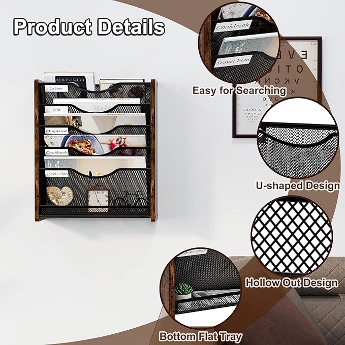 PAG-Mass Wall File Organizer,6 Tier Mesh Mail Organizer Wall Mounted,Hanging File Holder,Magazine Rack for Documents,Magazine,Literature,File,Mails,Envelopes