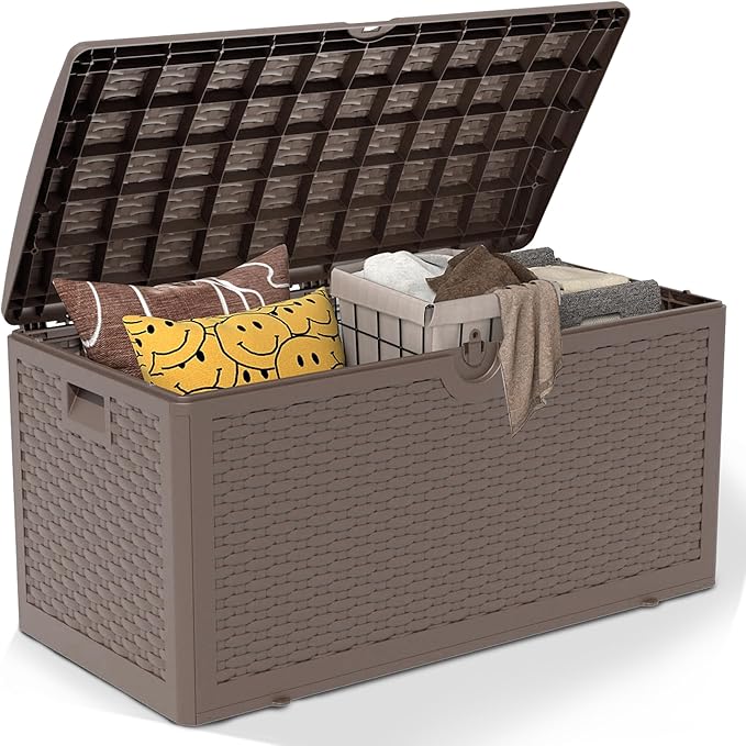 Decksplore 90 Gallon Pro Outdoor Storage Box Waterproof Lockable Resin Deck Box Large, Patio Storage Bin for Pool Accessories Cushion Furniture, Garden Tools, UV-Resistant Outside Delivery Brown