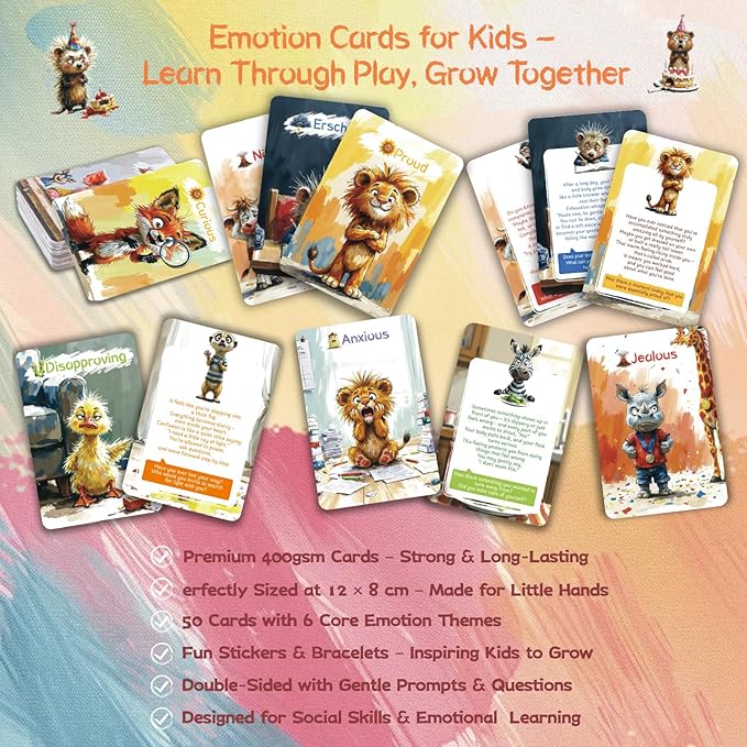 Emotion Cards for Kids – 50 Laminated Feelings & Calm-Down Cards for Classroom & Home, Soft-Touch Waterproof, Ages 3–12, SEL Tools with 60 Stickers & 6 Bracelets Stocking Stuffers