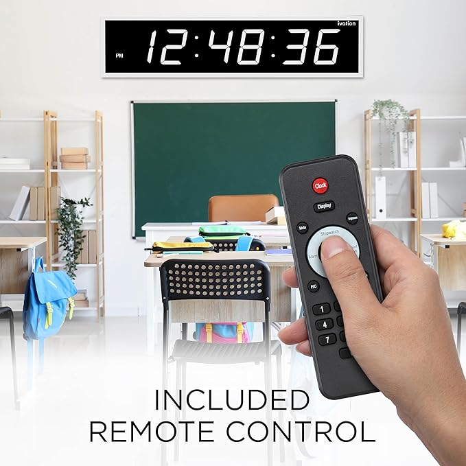 Ivation Huge Oversized 72" Large Digital LED Clock | Big Digital Clock w/Multi-Function Display – Stopwatch, Timer, Alarms, Temp & Date | 6 Brightness Levels, Time Memory & Remote (White)