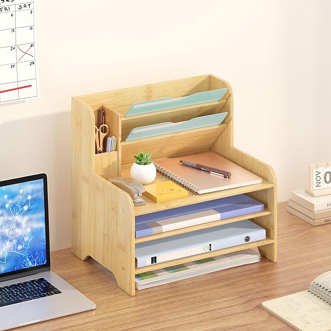 Wisuce Essentials Bamboo Desk Organizer Mail Holder Countertop Letter Tray File Organizer for Desk Letter Sorter Paper File Storage for School Home Office Supplies