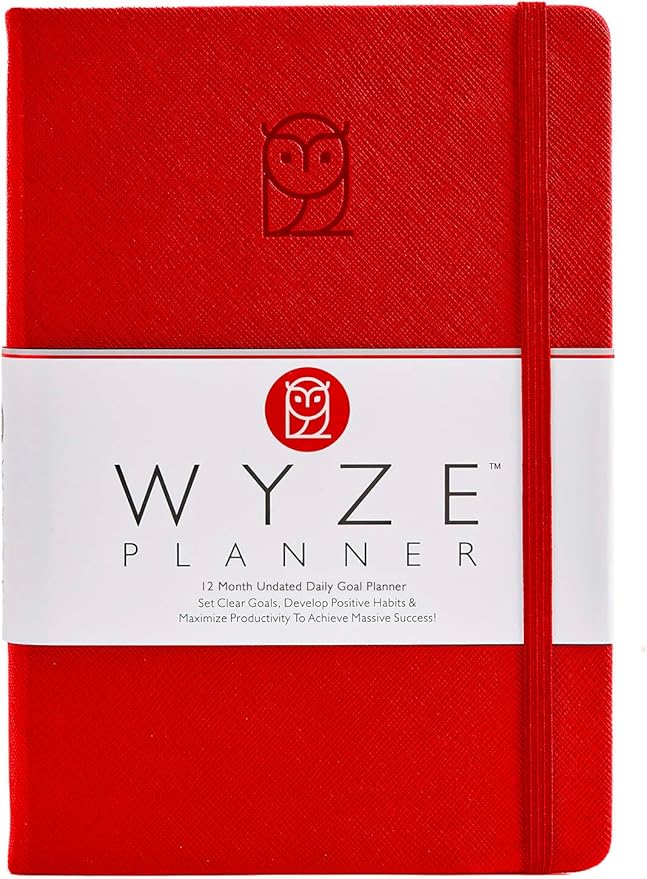 Wyze Planner Undated Daily Planner – 1-Year B5 Productivity Organizer with Two-Page Weekly Spread, Goal Setting, Habit Tracker, Weekly & Monthly Pages – Hardcover Time Management Notebook (Red)