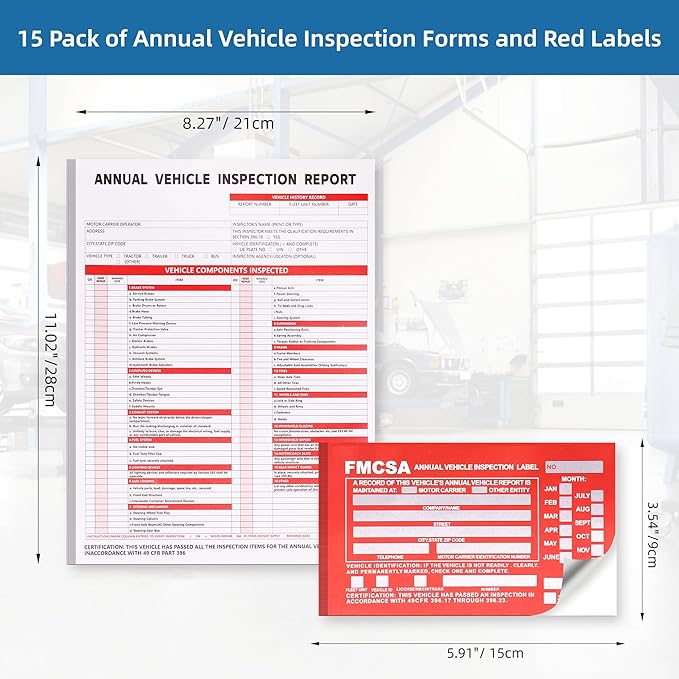 15-Pack Annual Vehicle Inspection Report Form, 3-Ply Carbonless Form and Hardboard, Includes 15-Pk Red FMCSA DOT Permanent Aluminum Adhesive Stickers, DOT Compliant