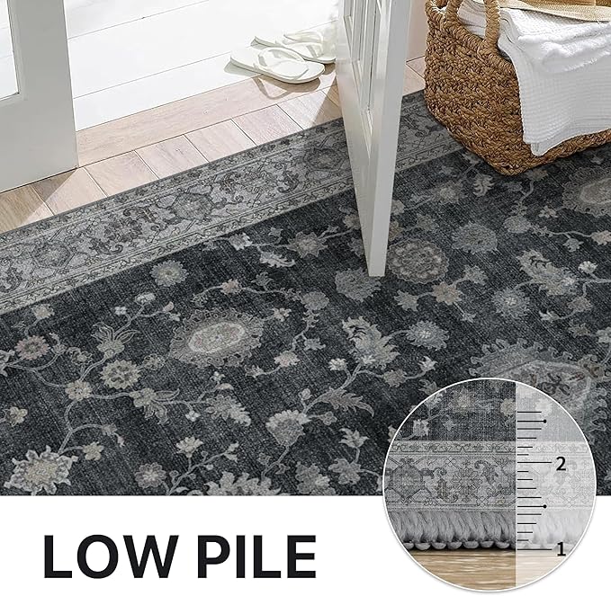 GENIMO Machine Washable 9x12 Area Rugs for Living Room, Non Slip Vintage Rugs, Low Pile Lightweight Chenille Print Rug for Bedroom, Dining Room, Home Office, Charcoal
