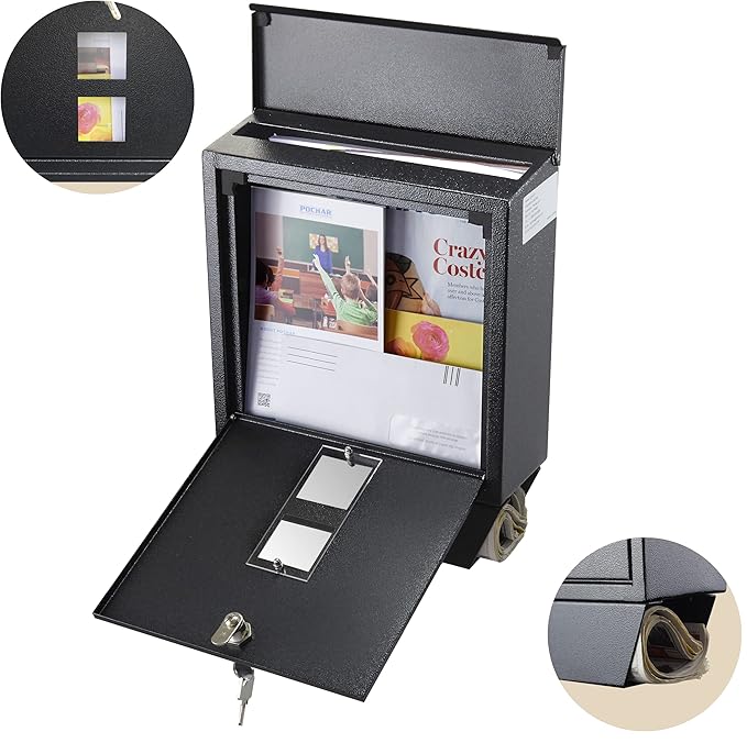 POCHAR Wall Mount Mailbox with Lock - Rainproof Galvanized Steel Locking Mailbox for Outside with Newspaper Compartment - Modern Mail Box for Residential or Commercial Use, Black