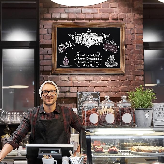 HBCY Creations 20" X 30" Torched Brown Solid Wood Frame Wall Chalkboard, Magnetic Surface, Home Décor, Restaurant & Café Menus, Blackboard, Includes Chalk, Eraser & Hanging Hardware