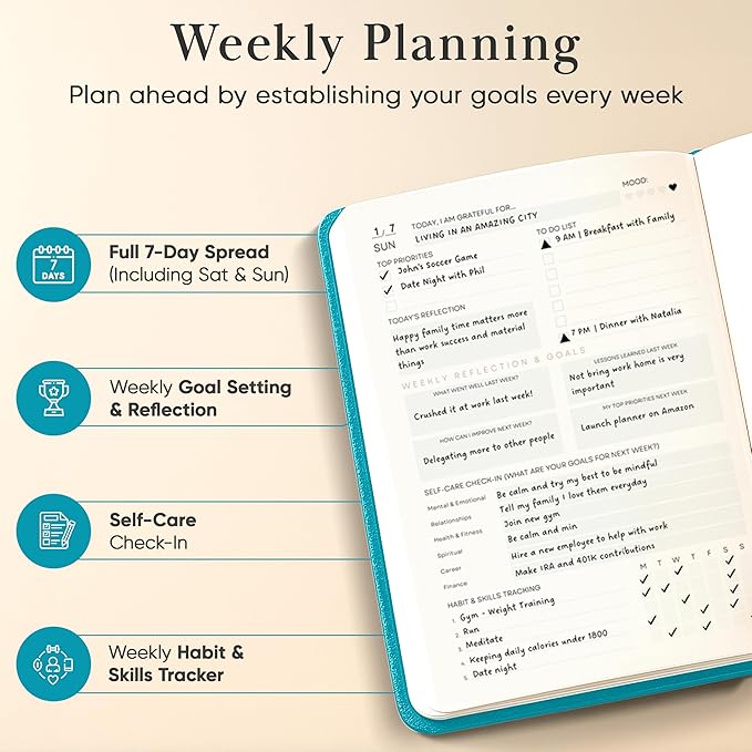 Mantra Planner 2026 Planner, Daily Journal & Gratitude Journal All-In-One with To Do List, Self Care Prompts & Habit Tracker - 7 x 10 - Teal