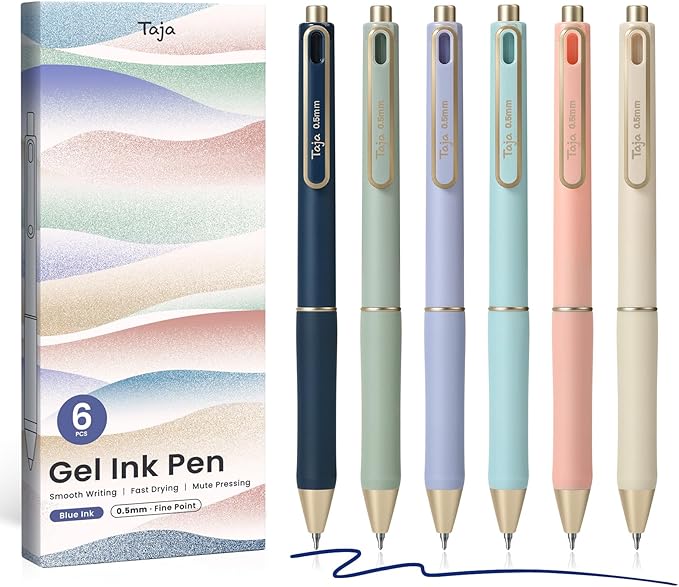 Taja Gel Pens, 6 Pcs Quick Dry Navy Gel Ink Pens, 0.5mm Fine Point Smooth Writing Pens for Journaling and Note Taking, Cute Aesthetic Pens for Women & Men-Navy Ink