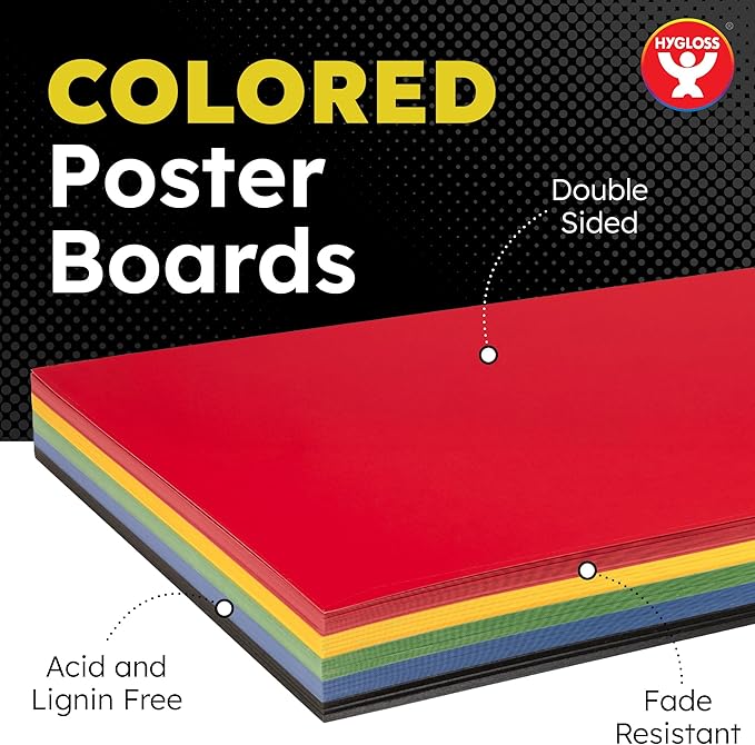 Hygloss Medium Colored Poster Board 11x14 - 25 Assorted Standard Color Poster Boards Bulk Pack - Red, Yellow, Green, Blue, Black - 10 Pt. Thickness Poster Board Paper, Posterboard Multipack 11" x 14"