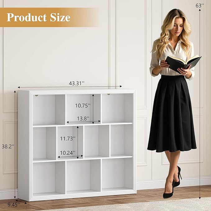 BORNOON Book Shelf with 10-Cube, 43” Wide Bookshelf with Anti-Tip Device, 38” Tall Open Bookcase, Modern Display Organizer Book Case for Home Office, Entryway, Living Room, Bedroom, Study Room