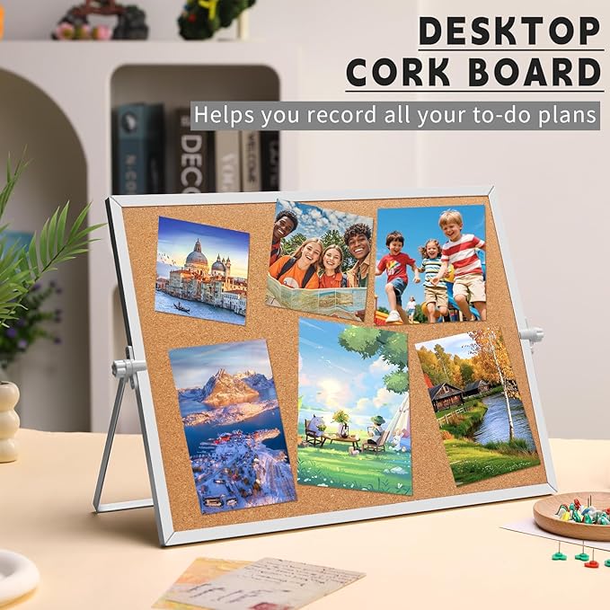 kdafio 11.81"×15.74" Cork Board Bulletin Board, Double Sided Pin Board with Silver Aluminum Border, Desktop Small Cork Board with Stand Suitable for Home, Office, Desk Message Board or Picture Board