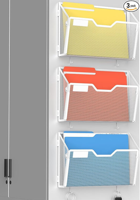 Docnest 3 Pack Magnetic Wall Mounted File Holders,Mesh Letter Organizer with Hooks, Magnetic Hanging Mail Paper Document Organizer for Office, Home, School, White