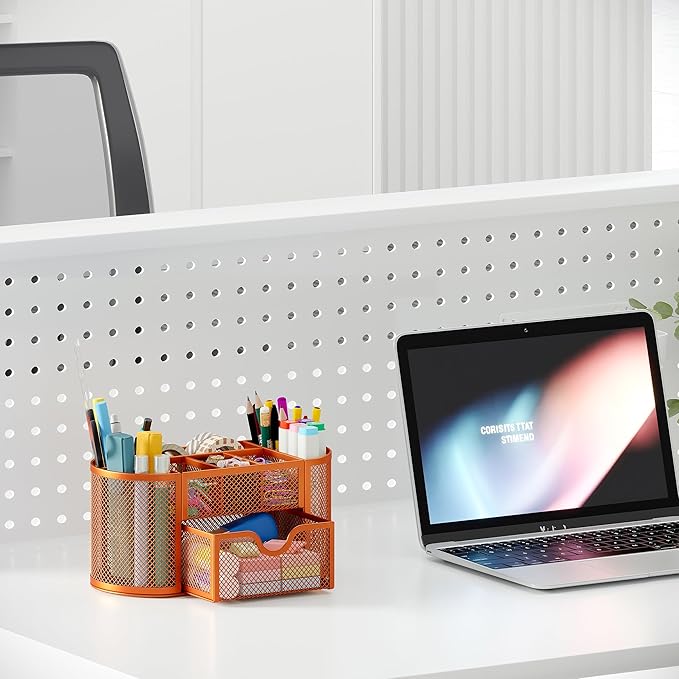 EasyPAG Mesh Pen Holder Desk Organizer with Drawer Stationery Supplies Organizer for Dorm School 9 Compartments Workspace Desk Accessories Organization for Office, Orange