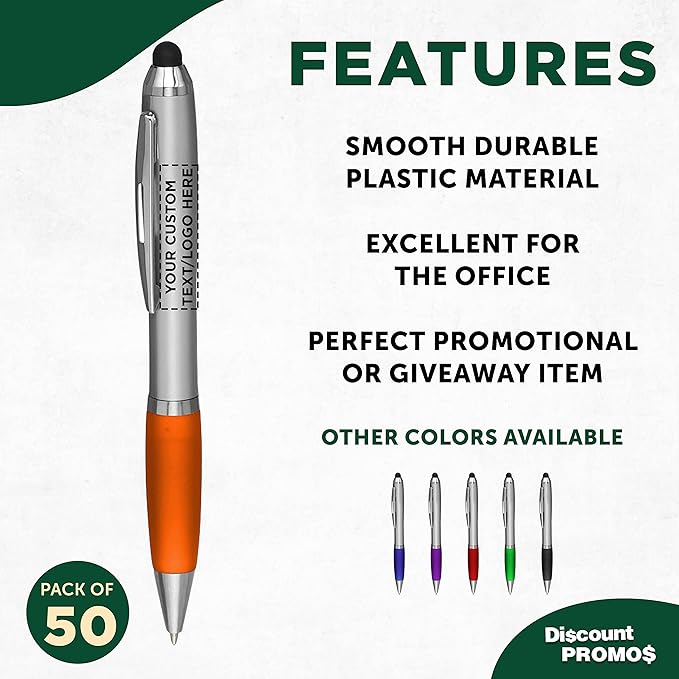 DISCOUNT PROMOS Custom Stylus Ballpoint Pens Set of 50, Personalized Bulk Pack - Black Ink, Great for Office, School, Business, Tradeshows, Events - Orange