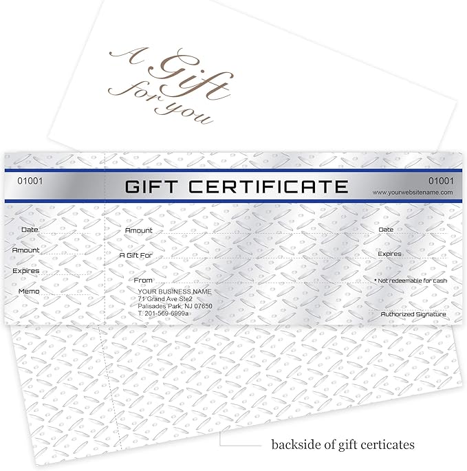 Custom Gift Certificates Cards with Envelopes 100 set - Metal Plate Image- Gift Coupons,Vouchers for Small Business