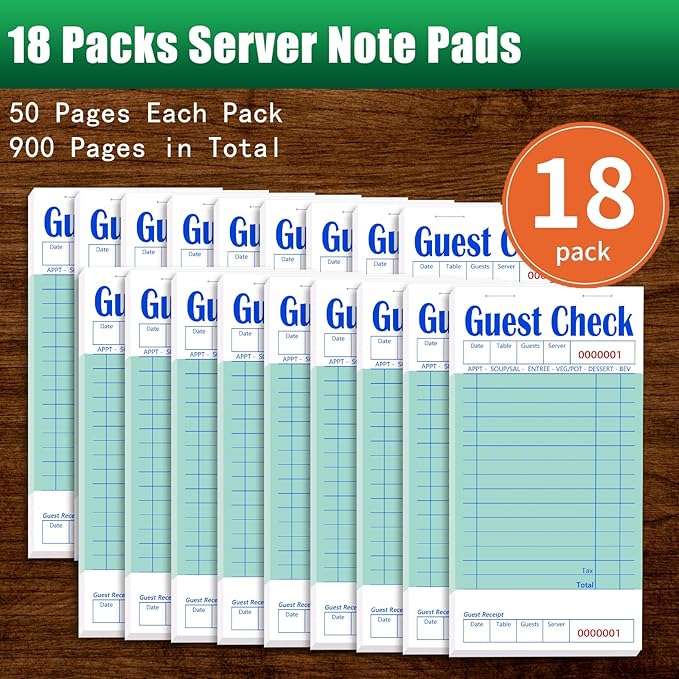 Guest Check Books 18 Pack, Guest Checks for Servers, Server Note Pads, Waitress Accessories Writing Pad, Thick Server Paper with Guest Receipts, Restaurant Supplies Order Pad Total 900 Sheets