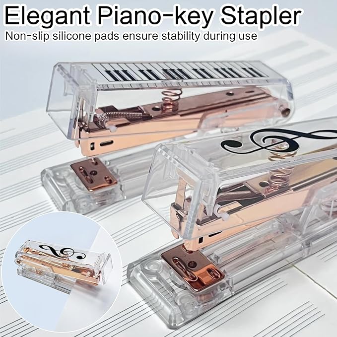 Gold Acrylic Stapler, Cute Office Stapler with 25 Sheets Capacity and Hold 100 Staples Unique and Stylish Design for Home Office Desktop (Piano-Key/High Note) (High Note)
