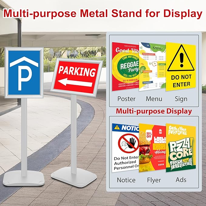 VAIIGO 3 Pack Heavy Duty Standing Sign Holder 8.5x11 Inch - Pedestal Floor Sign Stand with Weighted Base - Vertical & Horizontal Poster/Menu Display Stands for Indoor/Outdoor Advertising, Silver