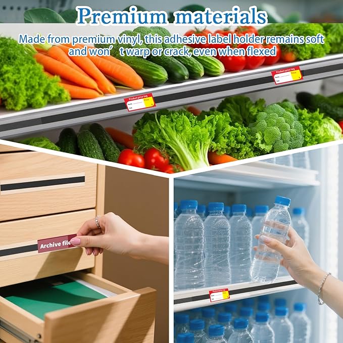 60 Pcs 47.8 x 1.37 Inch Shelf Label Strips Black Clear PVC Ticket Channel Back Adhesive for Stick on Price Data Tag Holder for Convenience Supermarkets Shops