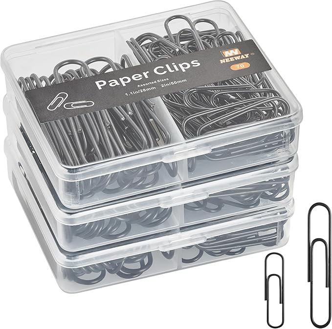 NEEWAY Colorful Paper Clips Assorted Sizes, Small and Large Paperclips, 210 Count, 3 Pack of 70 (Black)