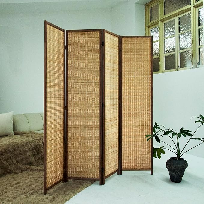 Loomveil 4 Panel Room Divider Folding Privacy Screen,67 inch Bamboo Panel Divider for Home Partition,Brown
