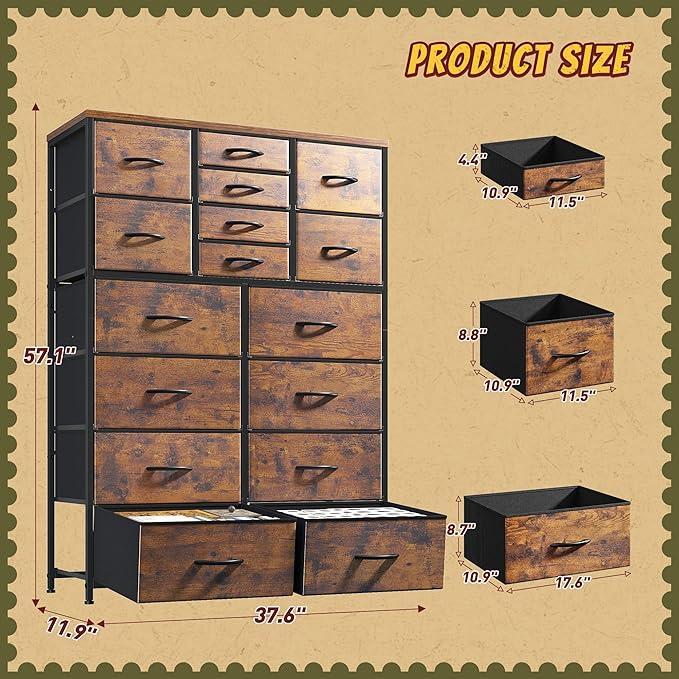 Romorgniz 57“H Dresser for Bedroom with Multiple Drawers, Fabric Dressers & Chests of Drawers for Bedroom,Large Dresser, Sturdy Metal Frame & Wood Top,Entryway, Hallway(Rustic Brown)