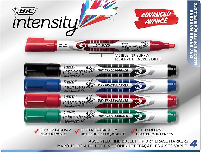 BIC Magic Marker Dry-Erase Markers, Pocket Style, Bullet Point, Assorted, 4-Pack