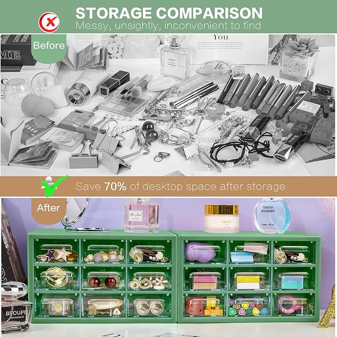 Desk Storage Organizer with 9 Drawers, FODIENS Stackable Desktop Craft Drawer Cabinet, Clear Storage Box Caddy for Makeup Jewelry Office Craft Supplies (9.84×6.3×5.9in) (Green)