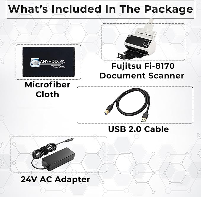 Fi-8170 Professional High Speed Color Duplex Document Scanner - Network Enabled, Scanner High Volume with Power Adapter + USB 3.2 Cable + Microfiber Cloth Included