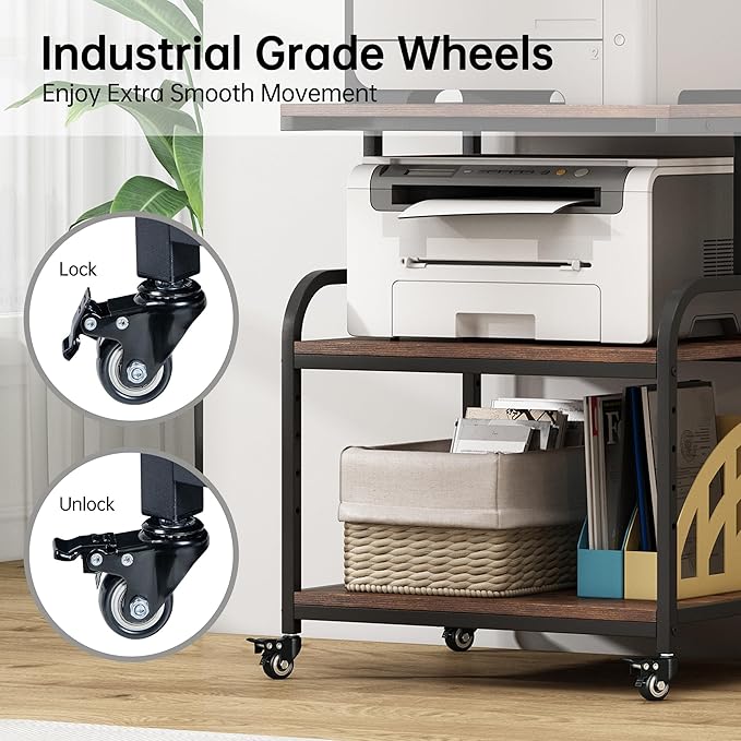 Fannova Large Printer Stand with Adjustable Storage Shelf, 3 Tier Printer Cart with Wheels for Home Office Organization, Rolling Table Stand for Heat Press Mini Fridge, Industrial Style