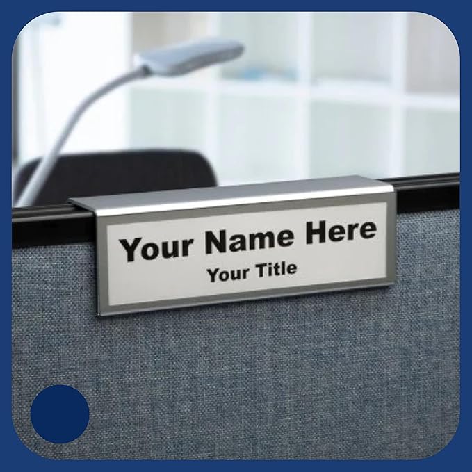 4-Pack 8.5" x 2.5" Cubicle Partition Name Tag - Silver Border 2" Hook - Holder for Custom Plate – Desk or Partition Use – Silver Frame – 2" x 8" Insert for Wall Display By Plastic Products Mfg