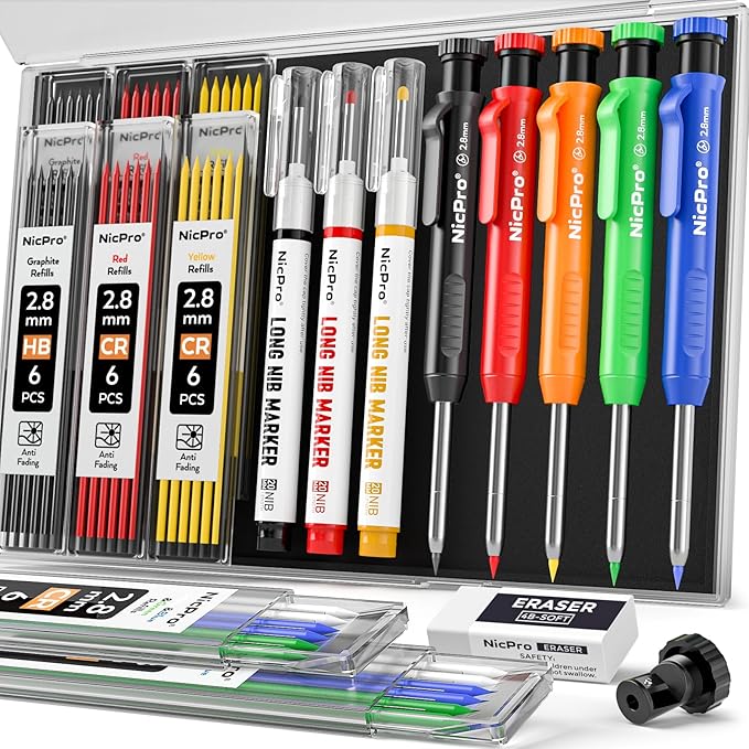 Nicpro 5 Pack Carpenter Pencils with Sharpener, Construction Mechanical Pencil with 53 Refills, Heavy Duty Marking Tools, Long Nib Marker Pens for Architect Marking (Black, Red, Orange, Green, Blue)