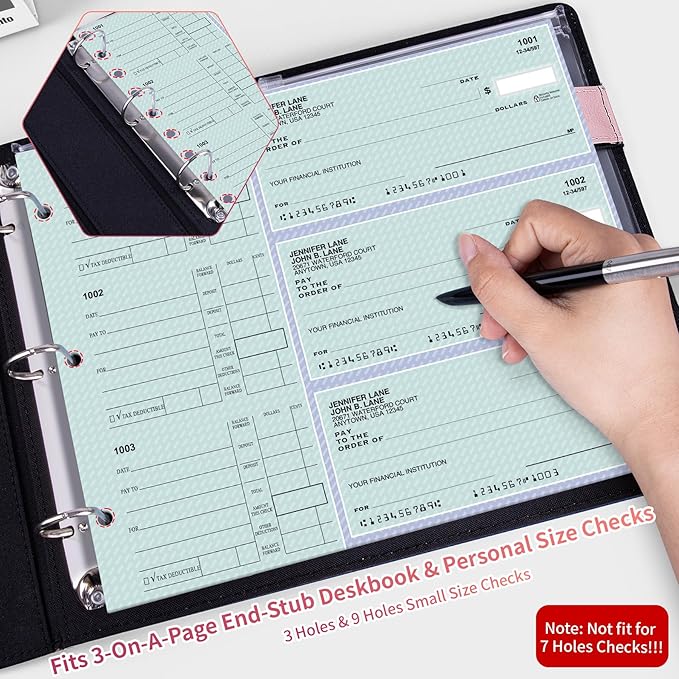 Antner 3 Ring Personal Check Binder for 3-on-a-Page End-Stub Deskbook & Personal 3 Holes or 9 Holes Small Size Checks, PU Leather Check Holder Checkbook Binder Cover with Zipper Pouch, Rose Gold