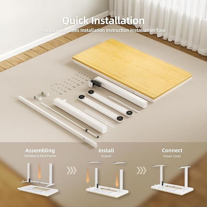 Claiks Bamboo Standing Desk with Drawers, 48×24 Inch Adjustable Stand Up Desks, Quick Install Computer Desk with USB and TapeC Ports, Bamboo
