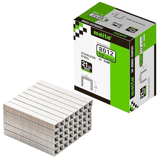 meite 21 Gauge 1/2-inch Crown Upholstery Staples, 304 Stainless Steel with 1/2-inch Leg Length, Heavy Duty Staples for Staple Gun MT8016 (10,000 Counts)