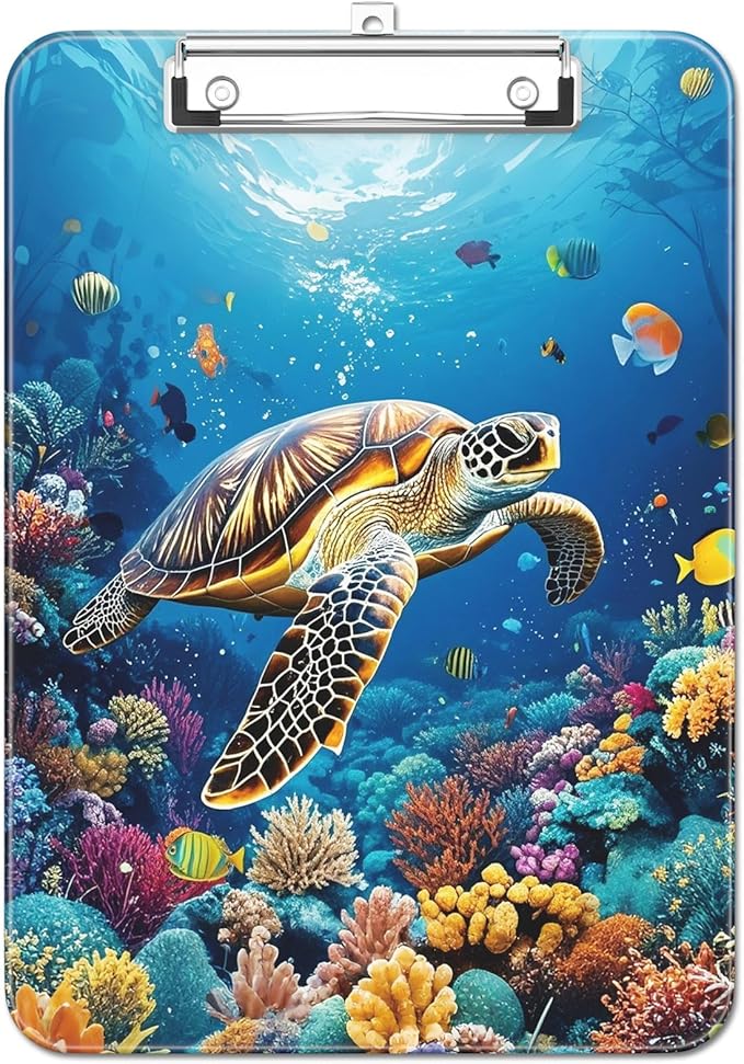 Luminzo Plastic Cute Clipboard Low-Profile Metal Clip, A4 Letter Size 9 x 12.5 in, 8.5 x 11 Paper Clip Board for Teachers, Nurses, Classroom,Sea Turtles