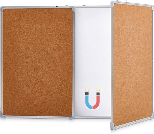 Mooliwe 96"x36" Tri-fold Cork Board Whiteboard Combo, Foldable Combination Magnetic Dry Erase Bulletin Board & Corkboard with Aluminum Frame Wall Mounted for Home, Office and School(Wood)