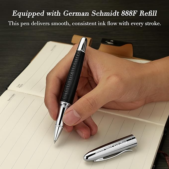 BEILUNER 318 Luxury Personalized Leather Pen, Hand-Stitched Premium Black Leather, Chrome-Plated Finish, Schmidt Refill, Fancy Rollerball Pen Gift Set for Men & Women, Executive, Nice Designer pen