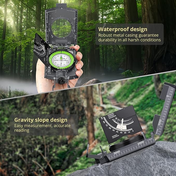 Anbte Compass Hiking Survival, IP65 Waterproof Metal Compass with Sighting Clinometer and Carry Bag, Multifunctional, Professional, for Camping Hunting Hiking Navigation