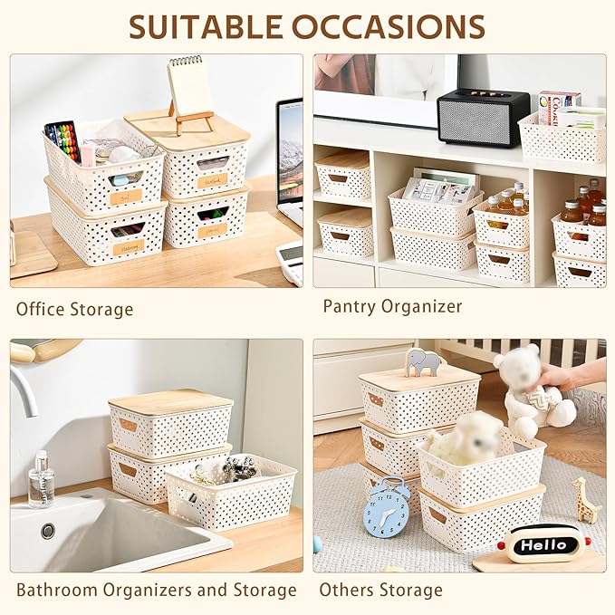 AntStep 8 Pack Plastic Storage Bins with Bamboo Lids - Stackable Storage Baskets with Handle for Pantry Organizer and Storage, Plastic Containers Bins Lidded Storage Bins for Classroom Office Shelves