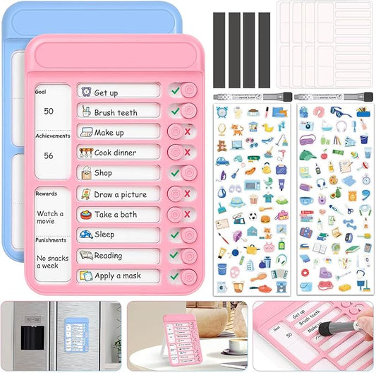 Audab 2Pcs Dry Erase Chore Chart for Kids, Magnetic Checklist Board, My Chores Slider Chart to Do List Board, Routine Chart Schedule Board Task Tracker for Home Refrigerator, Wall, Desk (Blue & Pink)
