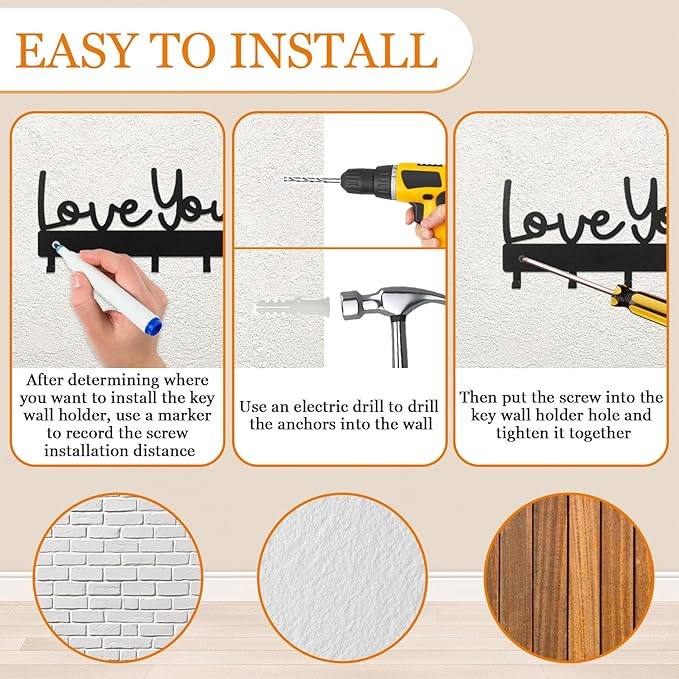 Key Holder for Wall,Key Hooks Organizer Hanger Rack Wall Mounted with Screws&Anchors,9.84inch/25cm Love You Bye Metal Wall Art Decor for Entryway Front Door Kitchen Hallway Garage Mudroom Office