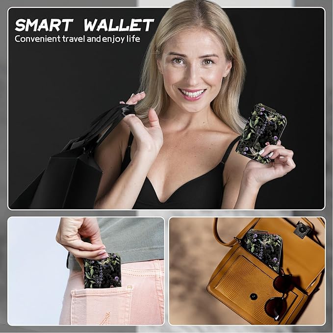 BWEGRHE Cute Credit Card Holder with Zipper, Wild Flower Hummingbird RFID-Blocking Card Case Small Wallet for Women Men, Multi-slot Card Organizer Case Travel Accordion Wallet