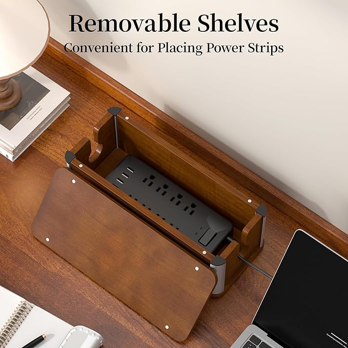 Delamu Wooden Cable Management Box, Retro-Inspired Look Desk Cord Organizer Box for Home Office, Large Cable Organizer Hides Cords and Power Strips, Power Strip Cover, 14.3" x 6.0" x 5.5", Dark