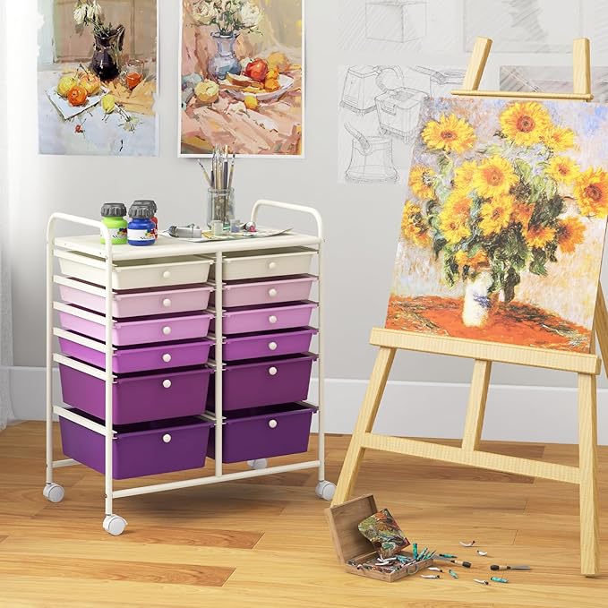 Happygrill 12-Drawer Rolling Storage Cart, Multipurpose Storage Cart W/Lockable Wheels, 2 Sizes Plastic Drawers & Metal Shelf, Mobile Utility Cart for Home Office School (Purple Gradient)
