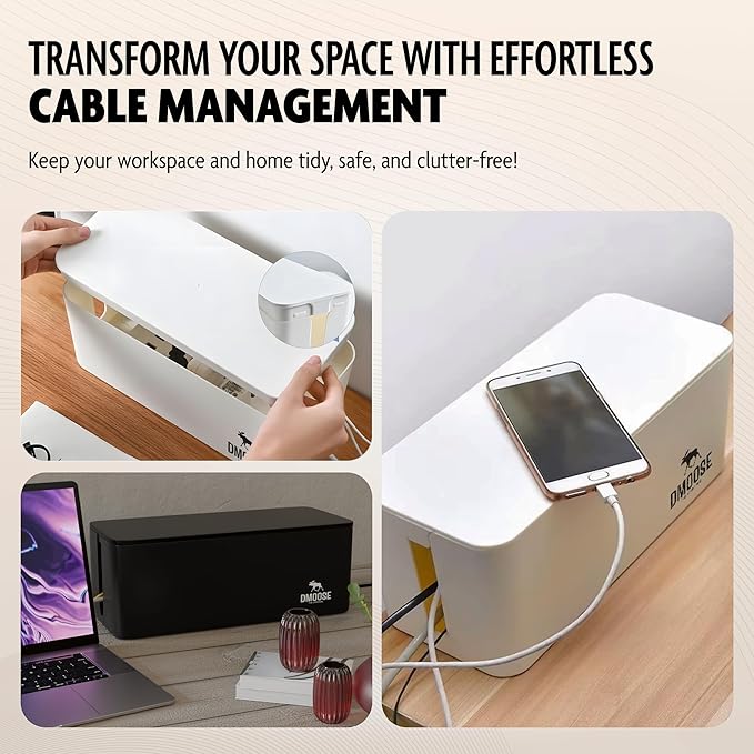 DMoose Cable Management Box - 2 Pack Medium & Large Cord Organizer for Desk & Floor - Cable Organizer Box for Child & Pet - Cable Box Hider for Tidy Office & Home, Power Strip Cover (White, Pack of 2)